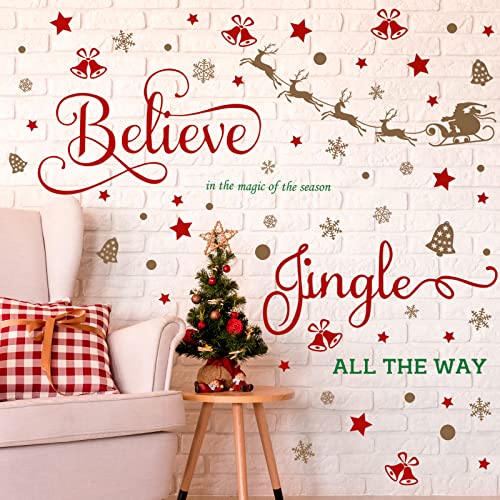 Hotop 4 Sheets Christmas Wall Decals Believe Quote Wall Stickers Christmas Wall Decor Reindeer Snowflakes Window Clings Vinyl Wall Art Decal Removable for Christmas Party Supplies Home Window Decor - Image 1