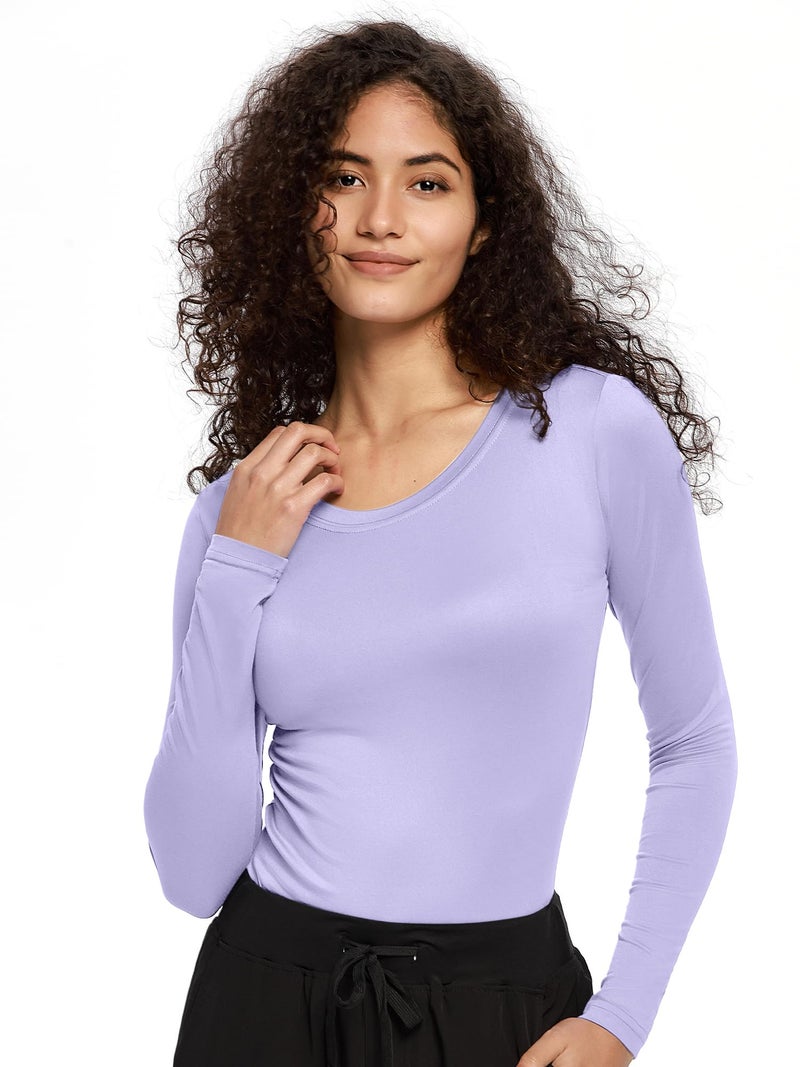 COZYFIT كوذيفيت قميص داخلي بأكمام طويلة للنساء - قمصان داخلية للممرضات مع قماش ناعم، ياقة دائرية، بنفسجي فاتح، L - Image 1