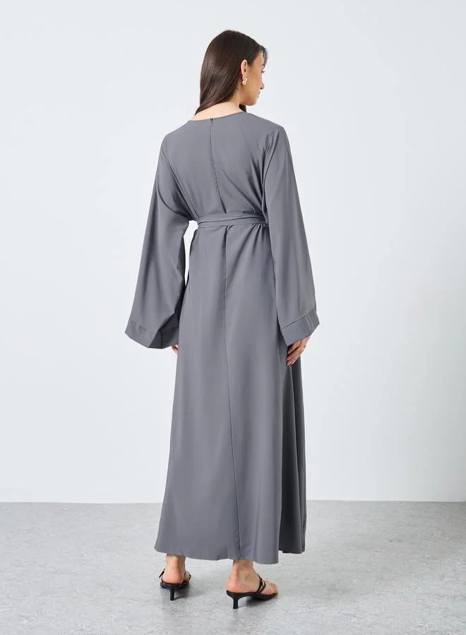 تايك تو Take Two Solid Long Sleeve Belted Abaya