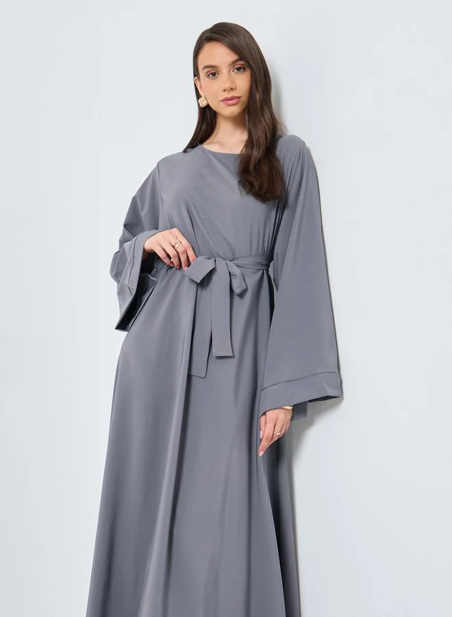 تايك تو Take Two Solid Long Sleeve Belted Abaya