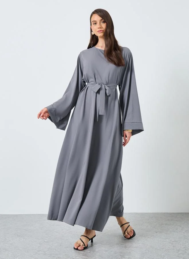 تايك تو Take Two Solid Long Sleeve Belted Abaya