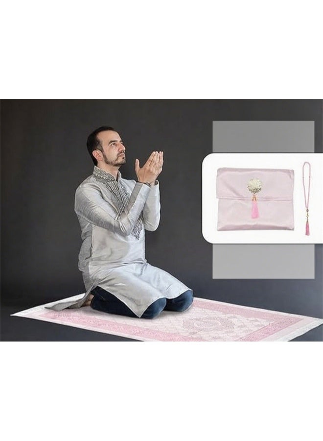 هومستر سجاد الصلاة المسلمة مع الخرز الصلاة والحقيبة المحمولة، سجادة الصلاة الإسلامية الناعمة، هدية للنساء، الرجال، الوردي - Image 3