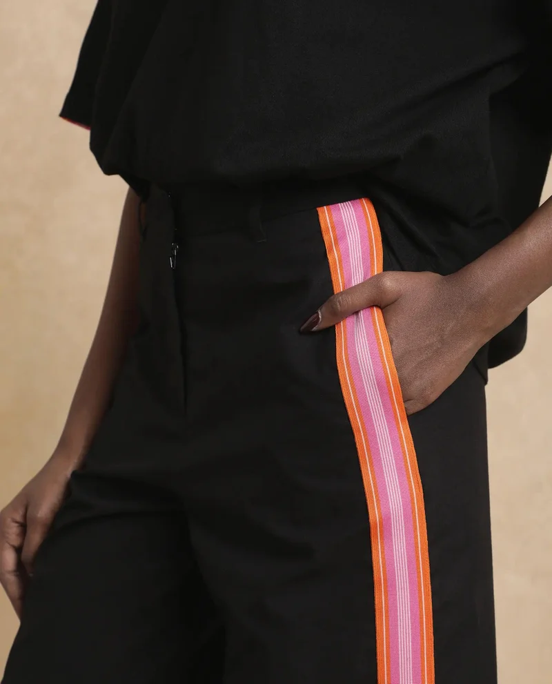 Rareism Women's Solid Wide Leg Track Pant With Tape Detail