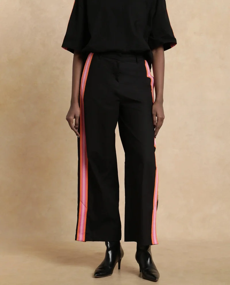 Rareism Women's Solid Wide Leg Track Pant With Tape Detail