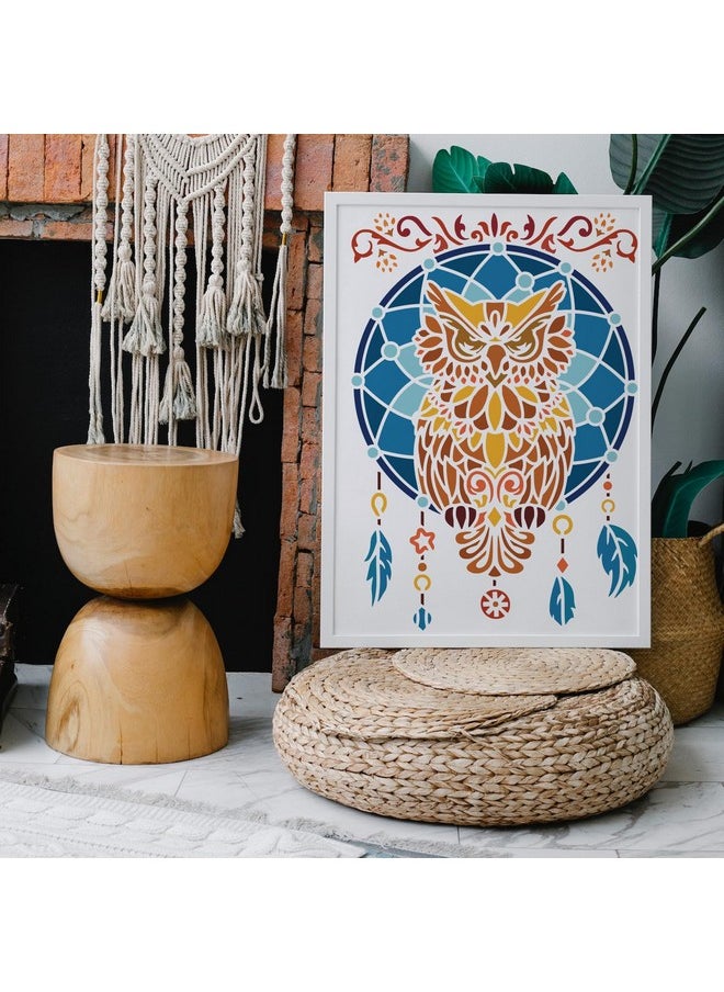 FINGERINSPIRE - Owl Dream Catcher Painting Stencil 11.7X8.3Inch Large Owl Stencil For Painting Reusable Dream Catcher With Feather Pendants Drawing Template For Painting On Fabric Wood Canvas Clothes - Image 1