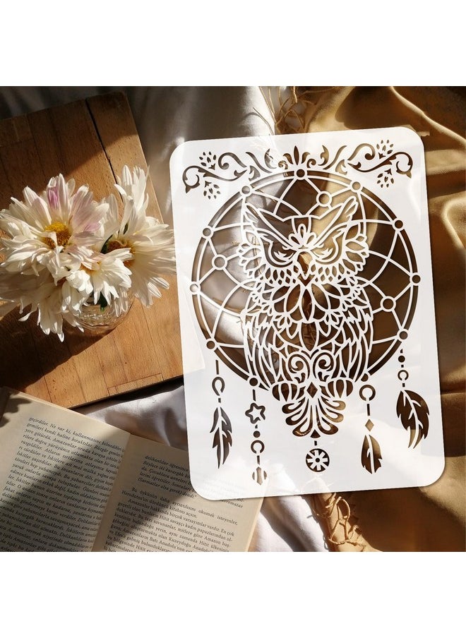 FINGERINSPIRE - Owl Dream Catcher Painting Stencil 11.7X8.3Inch Large Owl Stencil For Painting Reusable Dream Catcher With Feather Pendants Drawing Template For Painting On Fabric Wood Canvas Clothes - Image 1