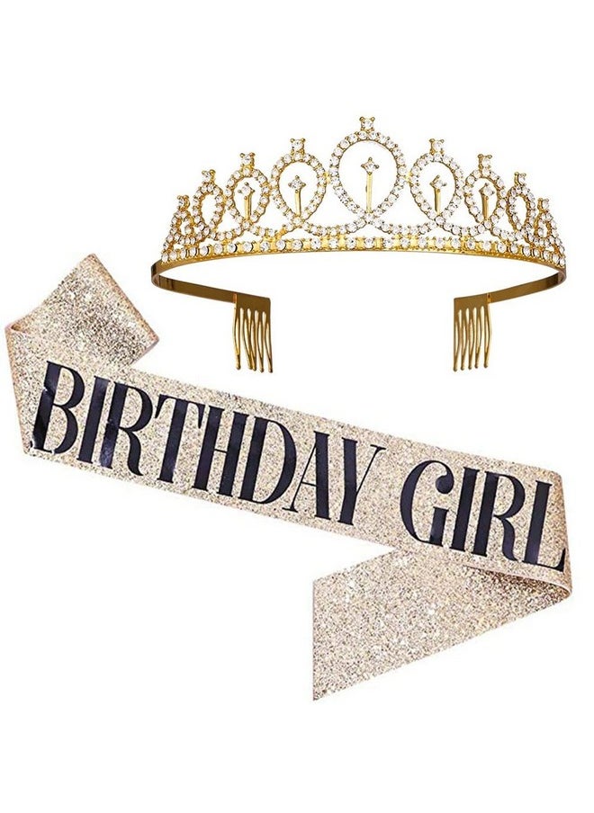 Shining Diva Fashion - Shining Diva Fashion Latest Birthday Sash and Crown for Girls Birthday Decorations Items Gifts for Girls Women Kids Sister Best Friend 10, 15, 16, 12, 18, 20 years Teenager (Gold) (14859hb) - Image 1