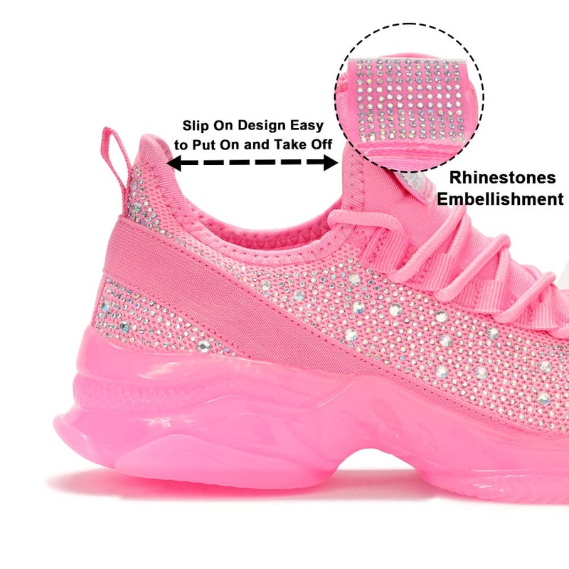 BELOS Women's Fashion Rhinestone Mesh Knit Slip On Sneaker Breathable Glitter Walking Shoes(Pink,7) - Image 4