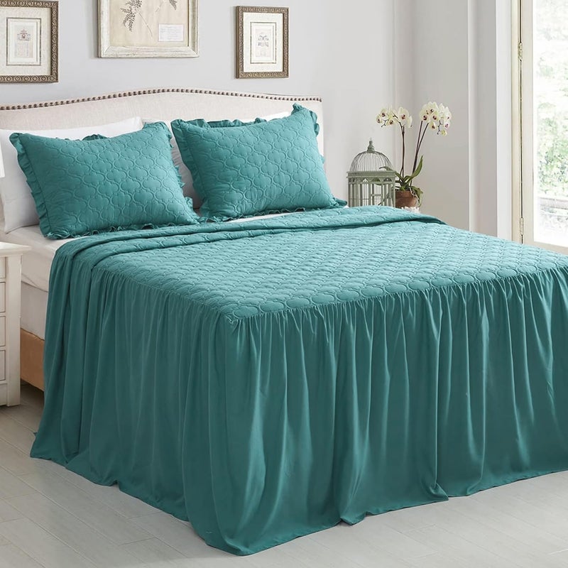 CHIXIN Ruffle Skirt Bedspread  30 Long Drop Shabby Chic Style Bedding Lightweight 3 Piece Set Queen Size Lagoon