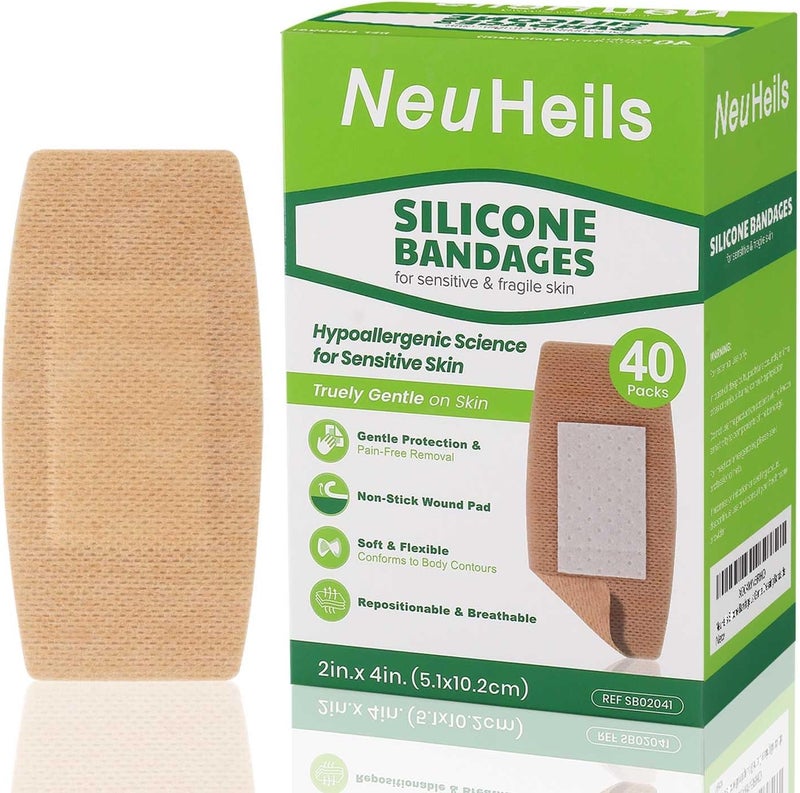 NeuHeils Silicone Adhesive Bandages for Sensitive Skin  Large 2x4 Inch 40 Count  Hypoallergenic  Waterproof Wound Care  PainFree Removal NonStick Pad Gentle for Fragile Skin - Image 1