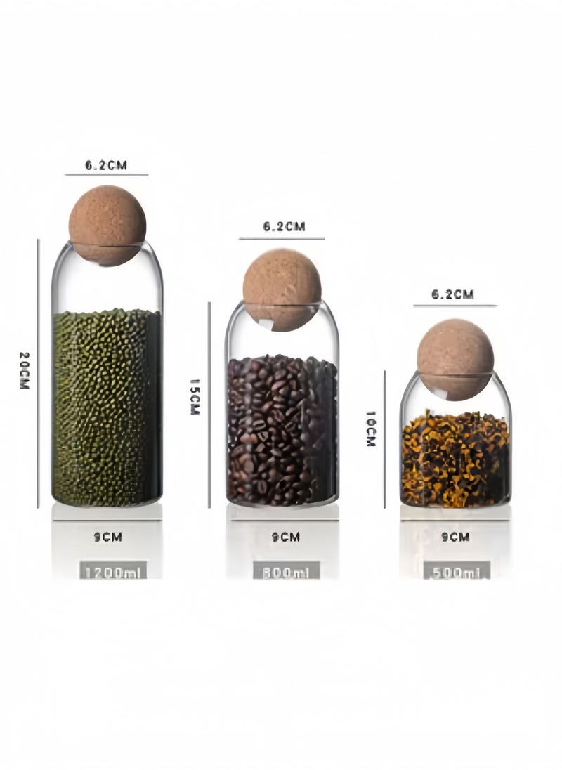 GGEROU - Glass Jar with Ball Cork Lid, Glass Canister with Wood Lid, Storage Container Jars for Coffee, Tea, Spice, Sugar, Salt, Set of 3 (500ml+800ml+1200ml) - Image 1