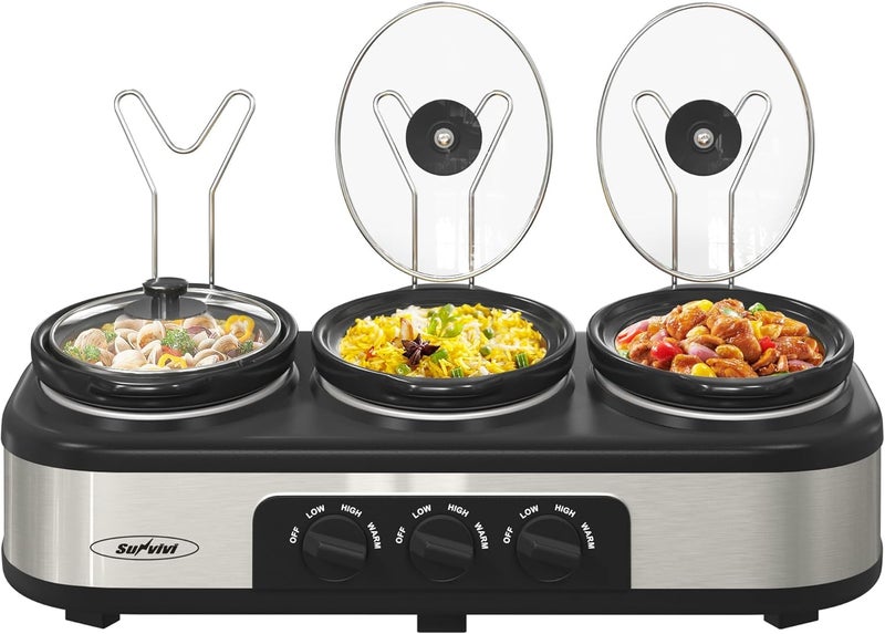 Sunvivi Triple Slow Cooker Buffet Server  Warmer with 3 Removable Ceramic Pots 3 Adjustable Temp Settings  3 Metal Lid Rests Stainless Steel 3  15 Quarts Silver - Image 1