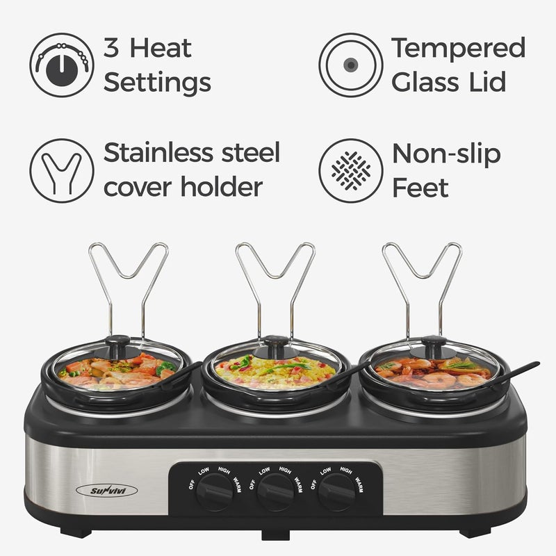 Sunvivi Triple Slow Cooker Buffet Server  Warmer with 3 Removable Ceramic Pots 3 Adjustable Temp Settings  3 Metal Lid Rests Stainless Steel 3  15 Quarts Silver - Image 2