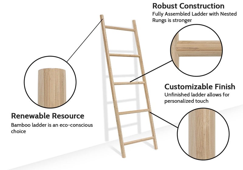 FUIN Fully Assembled 57in Bamboo Blanket Ladders Living Room Wood Decorative Wall Leaning Farmhouse Quilt Display Holder Rustic Wooden Towel Rack for Bathroom, Unfinished - Image 3