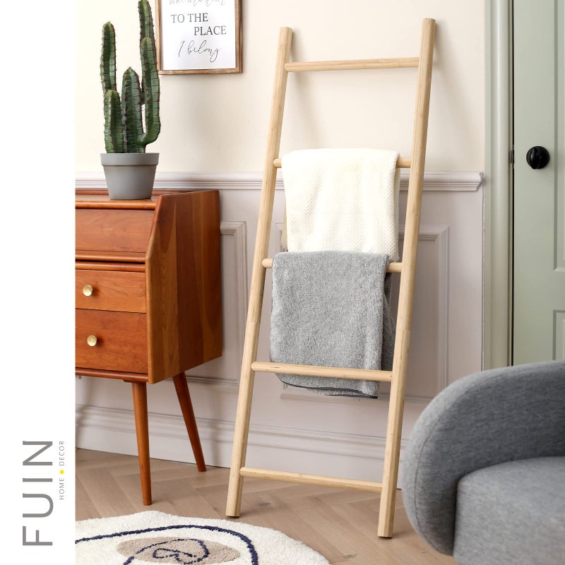 FUIN Fully Assembled 57in Bamboo Blanket Ladders Living Room Wood Decorative Wall Leaning Farmhouse Quilt Display Holder Rustic Wooden Towel Rack for Bathroom, Unfinished - Image 2