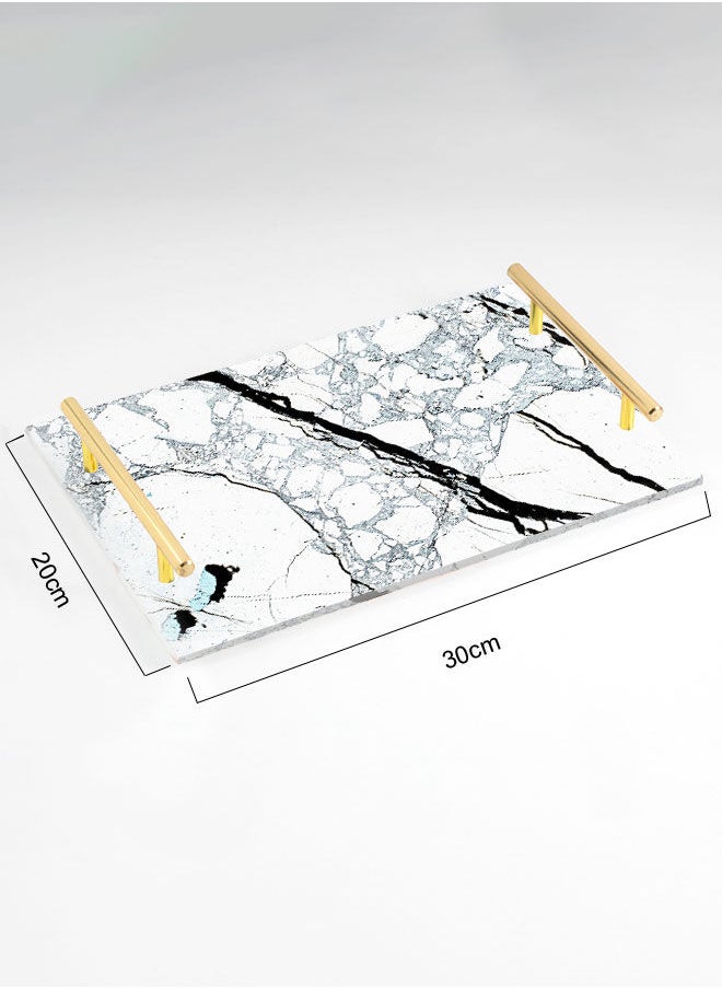 LOWHA Decorative Acrylic Serving Tray with Gold Color Metal Handles Marble Pattern 20x30cm  - Image 2