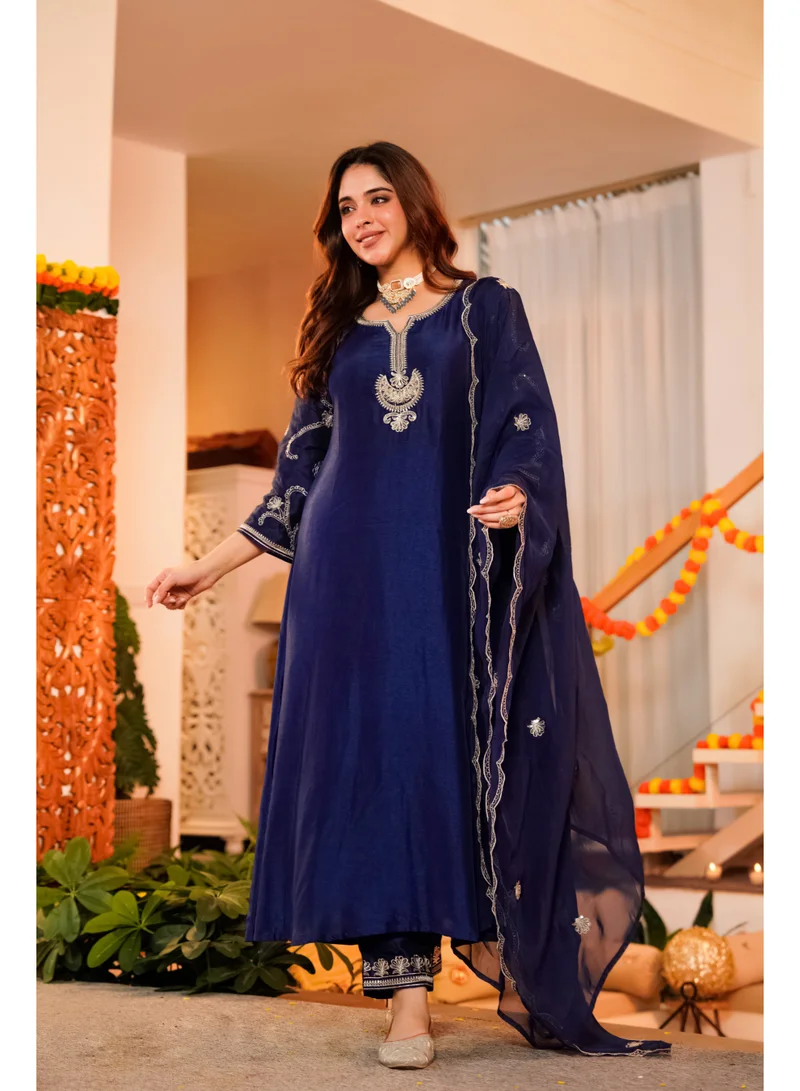 Priya’s Panache Premium Anarkali Kurta Set for Women in Pure Russian Silk with Embroidered Kurta, Shantoon Pants & Organza Dupatta | Indian Ethnic Wear | Festive & Wedding Wear