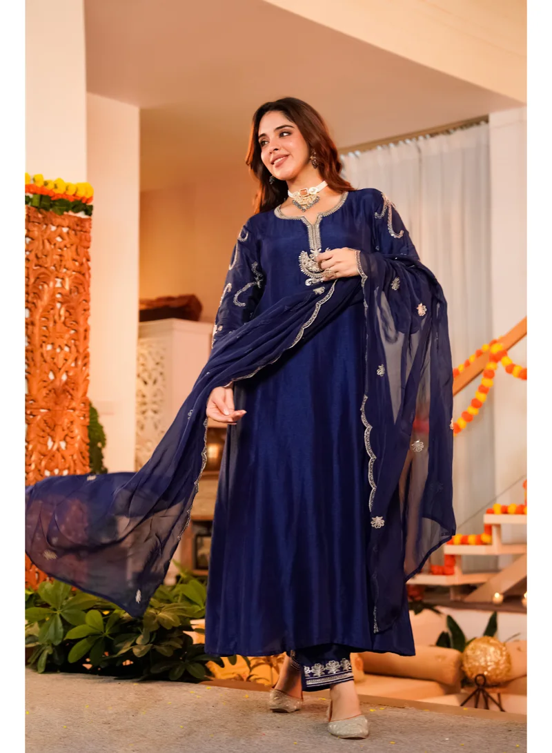 Priya’s Panache Premium Anarkali Kurta Set for Women in Pure Russian Silk with Embroidered Kurta, Shantoon Pants & Organza Dupatta | Indian Ethnic Wear | Festive & Wedding Wear