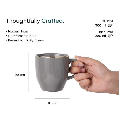 Shay Ceramic Coffee Mug Set, Set of 6, 300ml, Grey Gold | Medium Mug | Glossy Finish | Porcelain Coffee Cup Set | Ceramic Cup (Grey Gold Milk Mug, Set of 6) - Image 3
