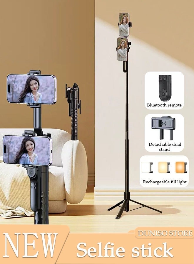 DUNISO Selfie Stick,Extendable Double phone clip Cell Phone Tripod ,Rotate Phone Tripod with Bluetooth Remote Shutter and Fill Lights,Group Selfies/Live Streaming/Video Recording Compatible with All Phones - Image 1
