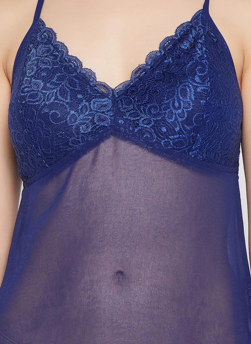 Clovia Blue Clovia Chic Basic Sheer Padded Babydoll with Matching G-String in Navy - Georgette for Women | Best Price UAE