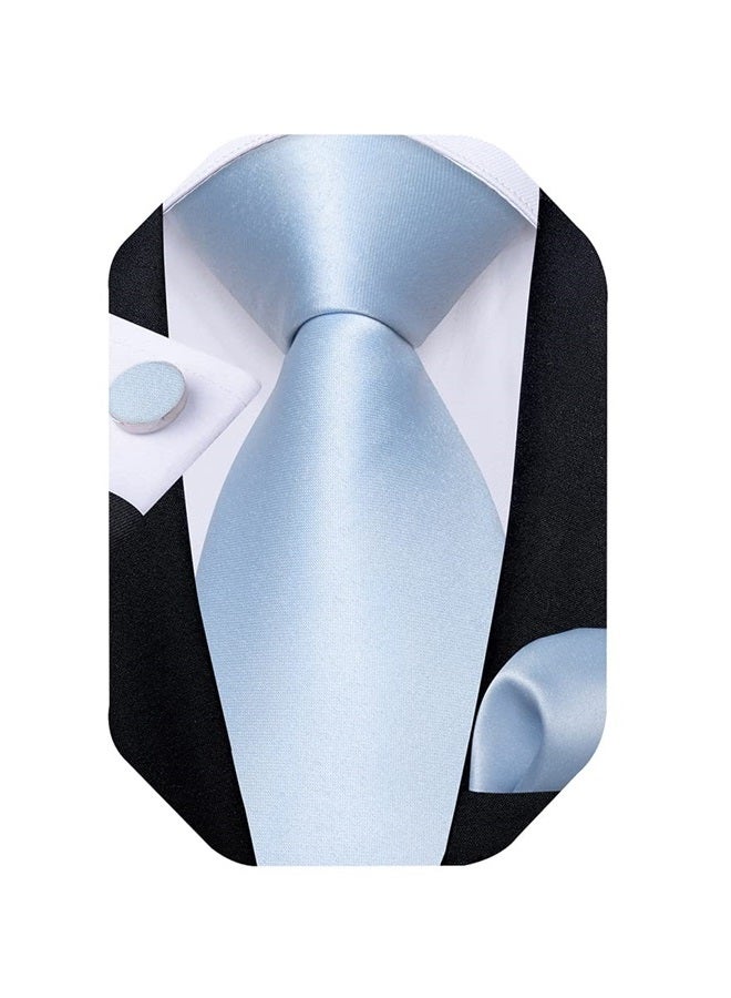 DiBanGu Light Blue Ties for Men Wedding Party Silk Solid Sky Blue Necktie and Pocket Square Cufflinks Set with Gift Box Mens Plain Satin Blue Ties - Image 1
