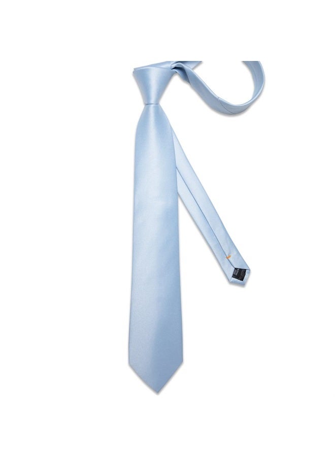 DiBanGu Light Blue Ties for Men Wedding Party Silk Solid Sky Blue Necktie and Pocket Square Cufflinks Set with Gift Box Mens Plain Satin Blue Ties - Image 3