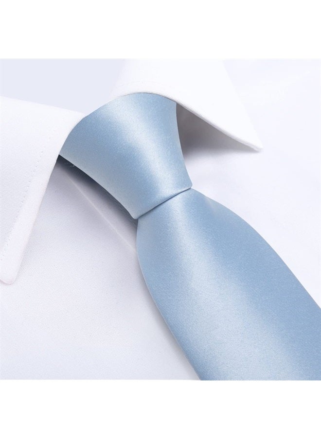 DiBanGu Light Blue Ties for Men Wedding Party Silk Solid Sky Blue Necktie and Pocket Square Cufflinks Set with Gift Box Mens Plain Satin Blue Ties - Image 4