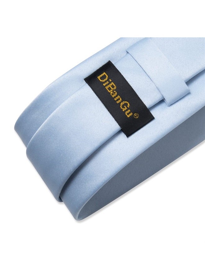 DiBanGu Light Blue Ties for Men Wedding Party Silk Solid Sky Blue Necktie and Pocket Square Cufflinks Set with Gift Box Mens Plain Satin Blue Ties - Image 5