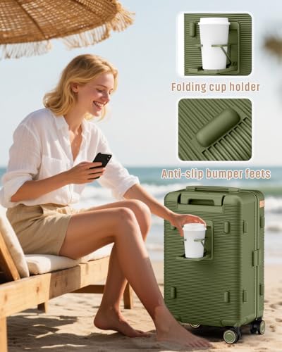 Joyway 22 Inch Carry on Luggage with Cup Holder, Hard Shell Carry-on Suitcases with Shock Absorbing Spinner Wheels, Lightweight Luggage with TSA Lock for Women Men, Green - Image 4