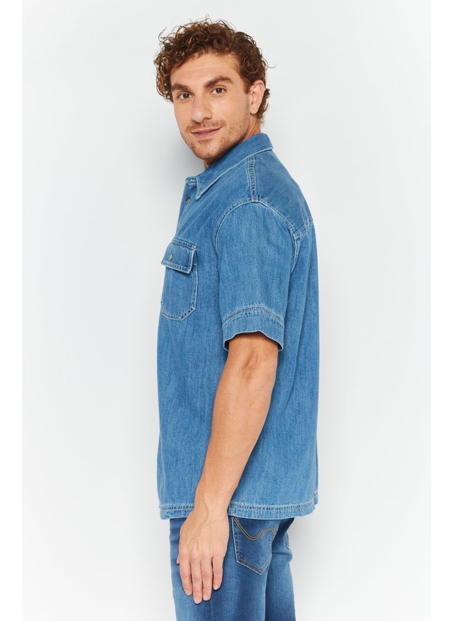 ESPRIT Men Regular Fit Washed Short Sleeves Casual Shirt, Blue  - Image 3