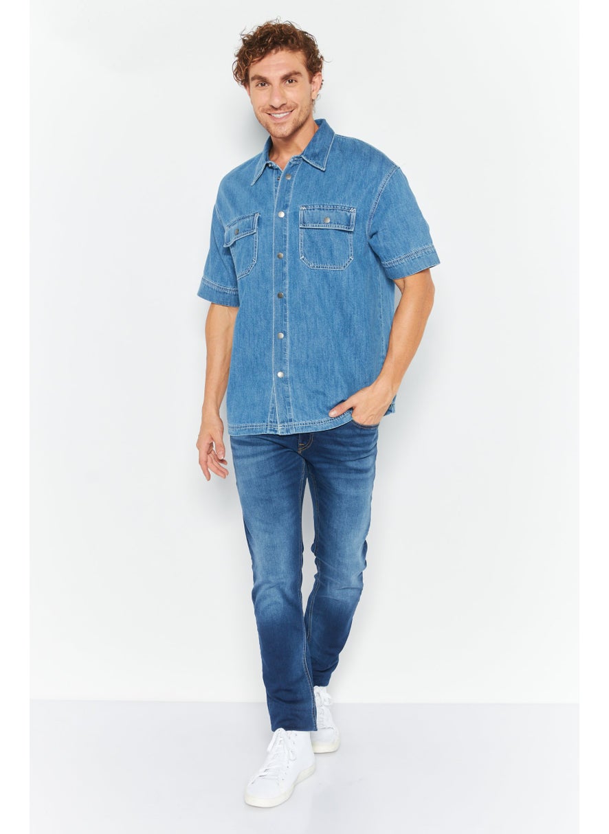 ESPRIT Men Regular Fit Washed Short Sleeves Casual Shirt, Blue  - Image 2