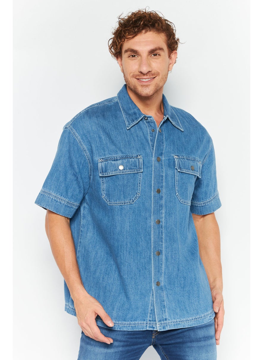 ESPRIT Men Regular Fit Washed Short Sleeves Casual Shirt, Blue  - Image 1