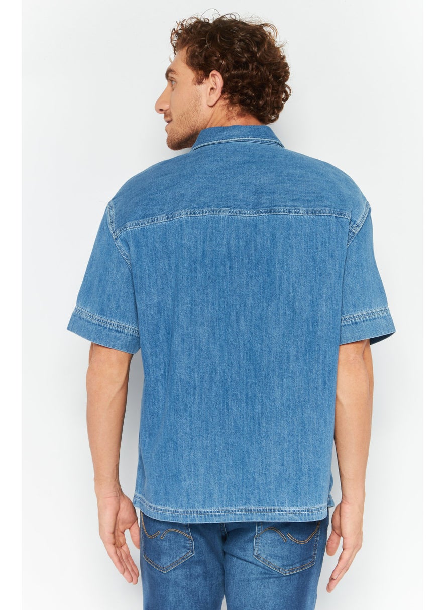 ESPRIT Men Regular Fit Washed Short Sleeves Casual Shirt, Blue  - Image 4