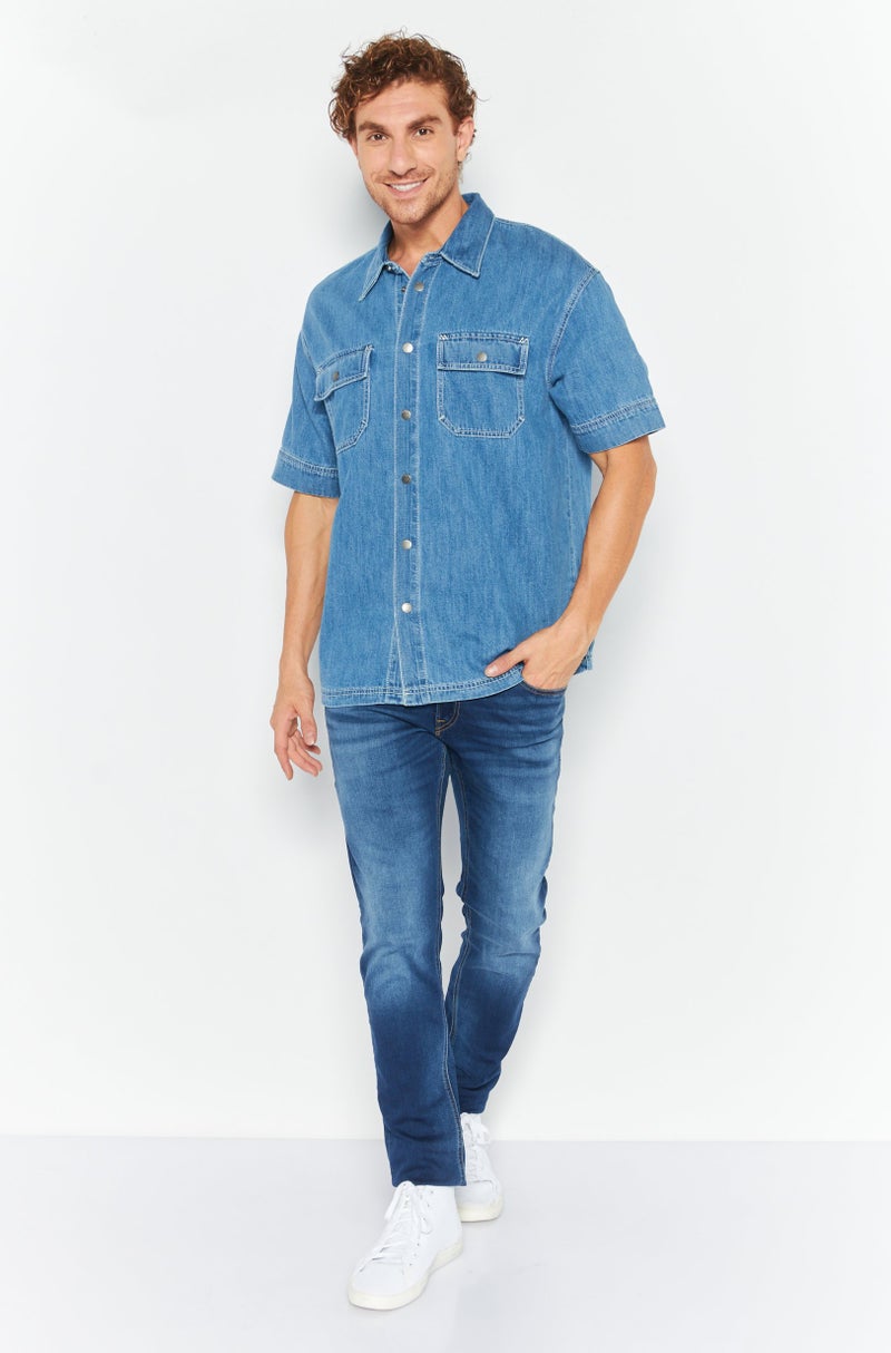 ESPRIT Men Regular Fit Washed Short Sleeves Casual Shirt, Blue - Image 2