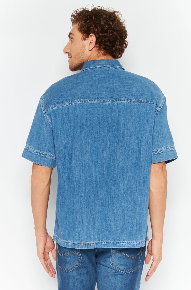 ESPRIT Men Regular Fit Washed Short Sleeves Casual Shirt, Blue - Image 4