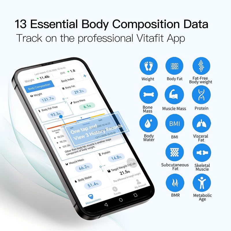 Vitafit Smart Bathroom Scales, High Accuracy Assured by Weight Scale Professional Factory SINCE 2001, App Sync 13 Body Composition Analyzer including BMI, Body Fat and Muscle, 180kg, Black - Image 3
