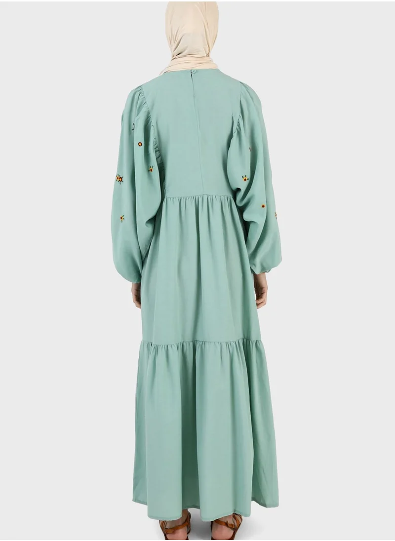 Benin by modanisa Embroidered Balloon Sleeve Dress