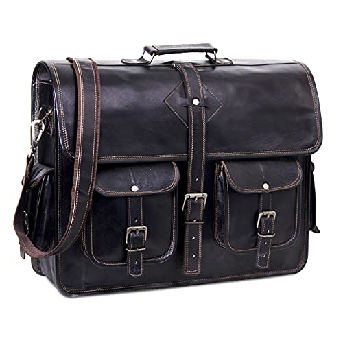 HULSH Black Leather Messenger Bag for Men and Women 18 Inch | Handmade Vintage Genuine Leather Laptop Bag for Men | Best Leather Briefcase Satchel Computer Crossbody Shoulder Bag for Work Office Use - Image 1