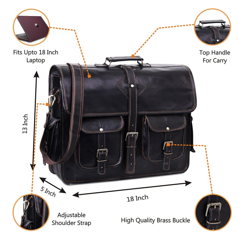 HULSH Black Leather Messenger Bag for Men and Women 18 Inch | Handmade Vintage Genuine Leather Laptop Bag for Men | Best Leather Briefcase Satchel Computer Crossbody Shoulder Bag for Work Office Use - Image 2