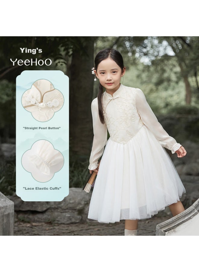 Yeehoo Girls Dress Children's Clothing Big Kids New Chinese Style Embroidered Puff Dress Spring Off-white 120 - Image 2