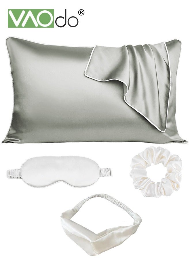 VAOdo 5PCS Pillowcase for Hair and Skin Vegan Silk Pillowcase Set 2 Satin Pillowcases 1 Hair Tie 1 Eye Mask 1 Scrunchie-Luxury Sleep Set Leopard Grey  - Image 1