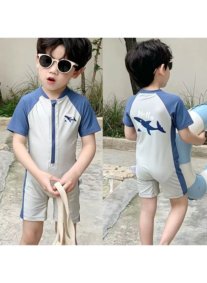 Boys One‑Piece Swimsuit, Short Sleeve Shark Print Zipper Kids Swimwear, UPF Sun Protection Bathing Suit for Children - Image 3