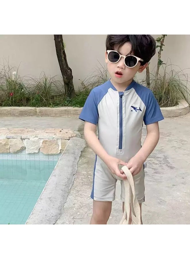 Boys One‑Piece Swimsuit, Short Sleeve Shark Print Zipper Kids Swimwear, UPF Sun Protection Bathing Suit for Children - Image 1