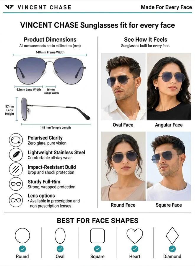 Vincent Chase  Vincent Chase By Lenskart | Full Rim Aviator Frame Polarized | UV Protected Sunglasses | Men & Women | Medium | Grey | VC 5158/P  | Best Price UAE