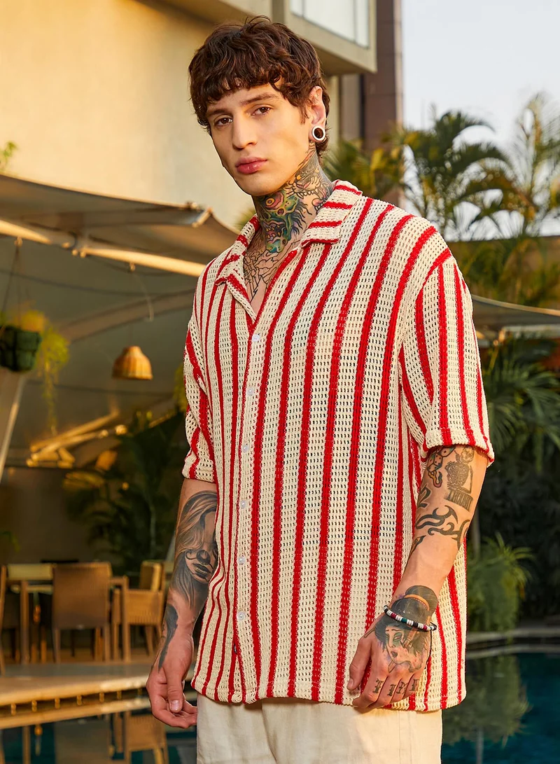 كامبوس سوترا Men's Off-White & Scarlet Red Striped Open-Knit Resort Shirt