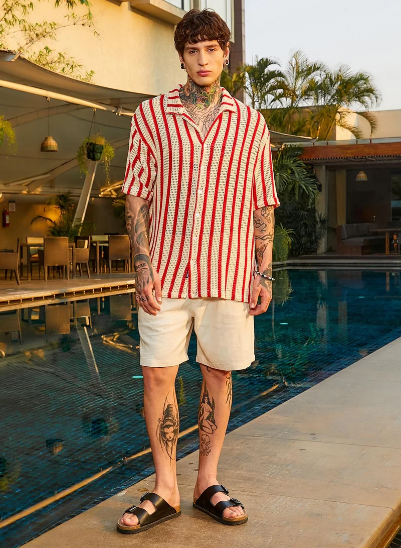 كامبوس سوترا Men's Off-White & Scarlet Red Striped Open-Knit Resort Shirt