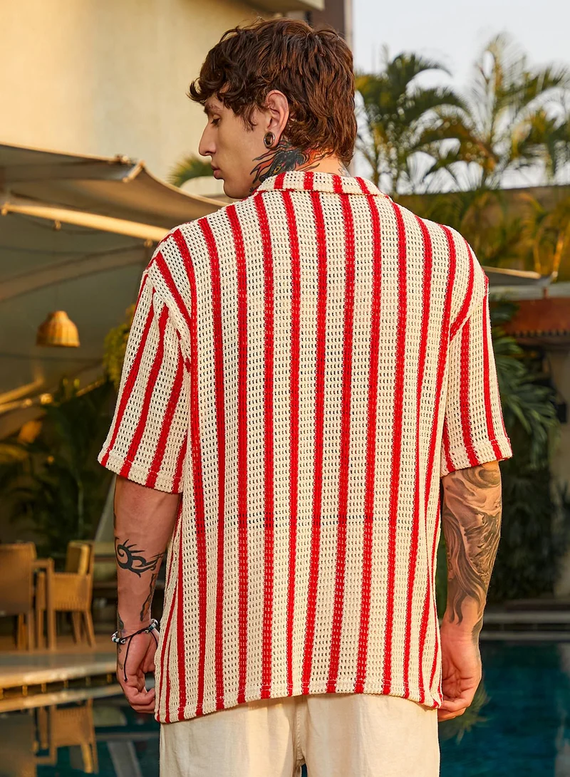 كامبوس سوترا Men's Off-White & Scarlet Red Striped Open-Knit Resort Shirt