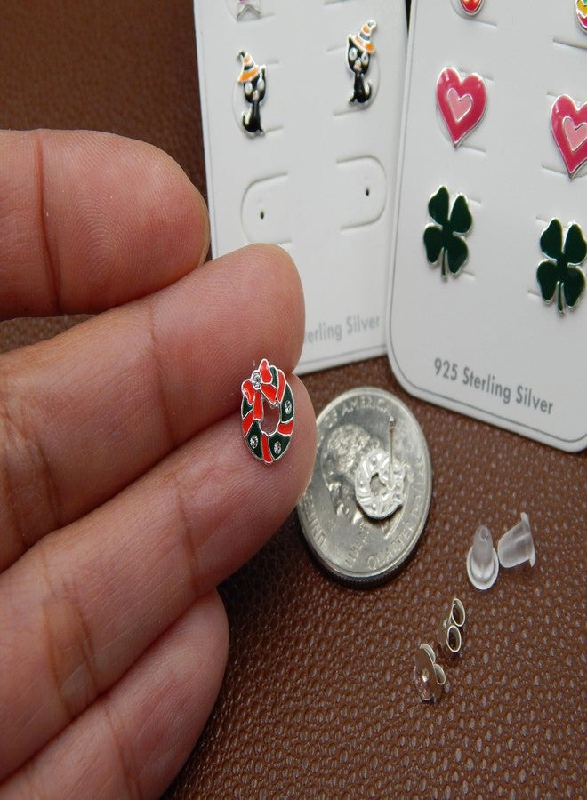 آيسروز طقم جديد من 6 أزواج من الأقراط المرصعة بالفضة الإسترليني عيار 925، مناسب لأعياد الميلاد، وبيضة عيد الفصح، والبرسيم، والعلم الأمريكي، والقلب الأحمر، والهالوين (خالية من النيكل). - Image 3