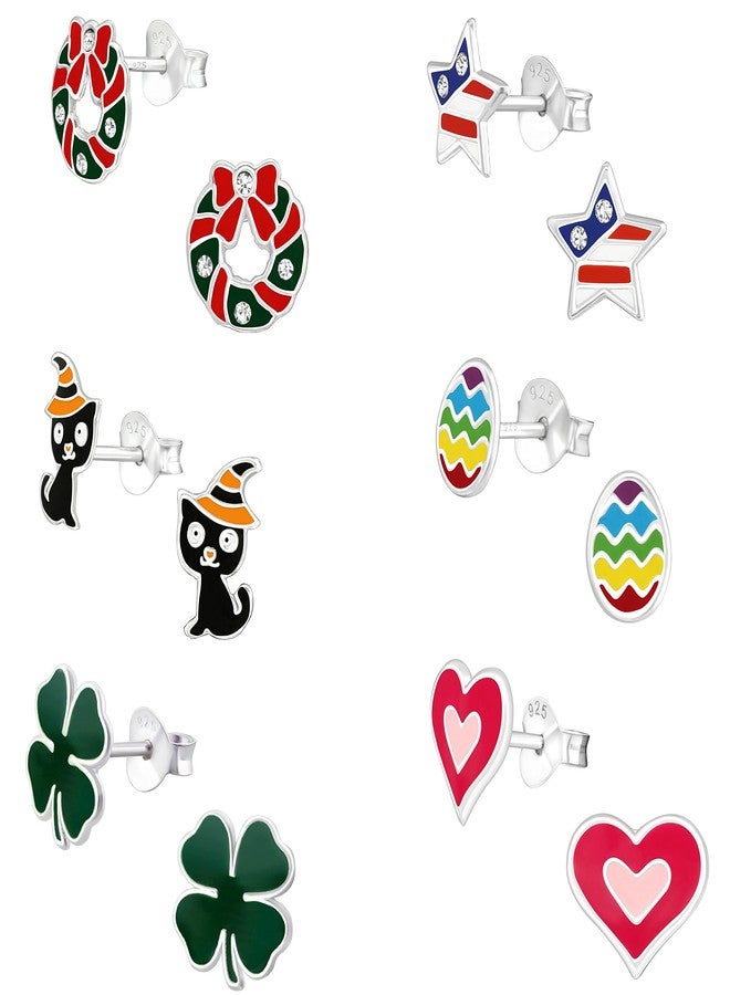 آيسروز طقم جديد من 6 أزواج من الأقراط المرصعة بالفضة الإسترليني عيار 925، مناسب لأعياد الميلاد، وبيضة عيد الفصح، والبرسيم، والعلم الأمريكي، والقلب الأحمر، والهالوين (خالية من النيكل). - Image 1